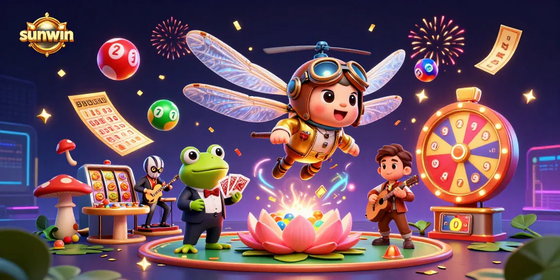 sunwin lottery excitement with dragonfly pilot, frog croupier, and jazz cricket musicians in action