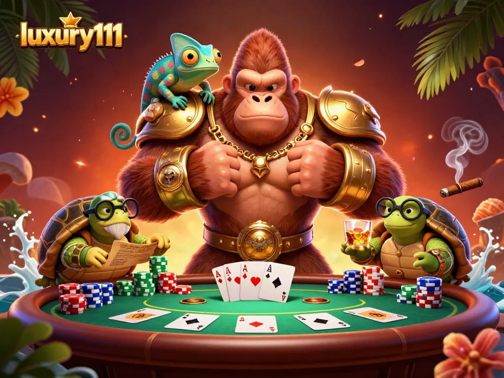 Engage in thrilling poker action at luxury111 with a vibrant 3D illustration of characters and casino elements.