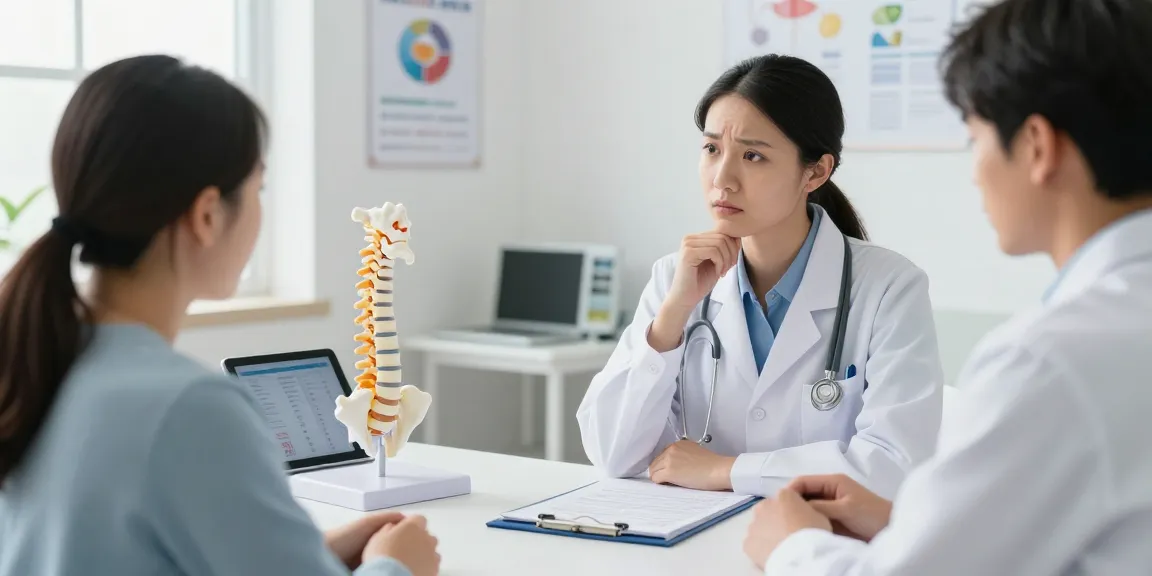 Boyun fıtığı ameliyatı options discussed by a doctor with a patient in a bright healthcare setting.