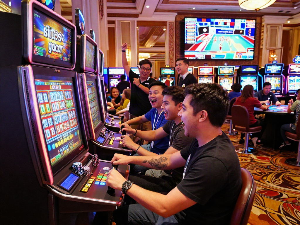 Experience the excitement of situs gacor in a lively casino scene with friends celebrating wins.