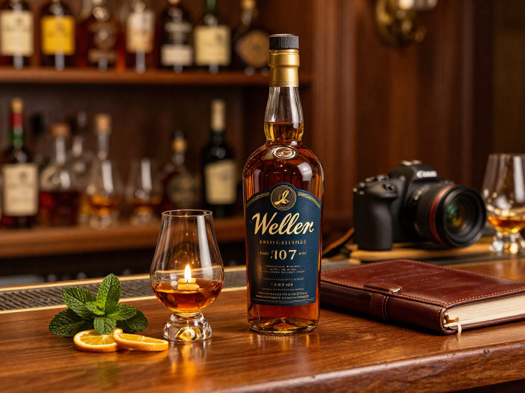 A luxurious display of Weller Antique 107 Bourbon in an elegant bar setting, showcasing a whiskey glass and tasting notes.