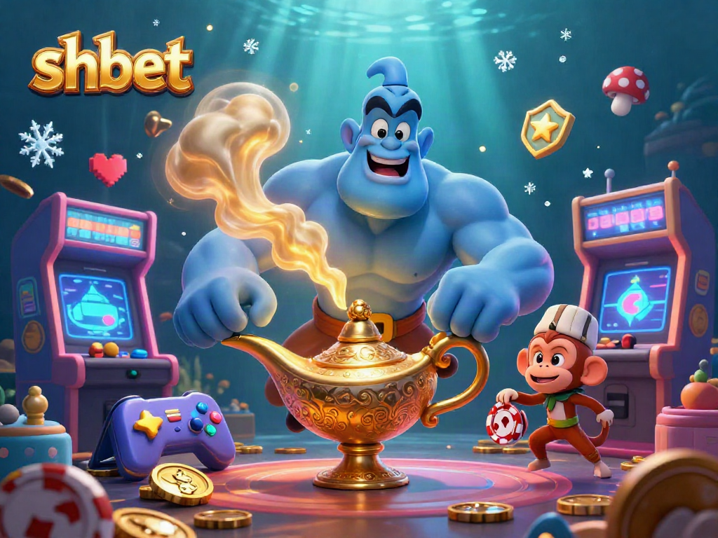 Play and win with shbet in a vibrant 3D casino scene featuring a blue genie and poker elements.