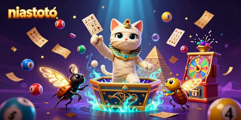 Engage in thrilling niastoto gaming adventures with an Egyptian mummy cat and a scarab beetle in a vibrant casino scene.
