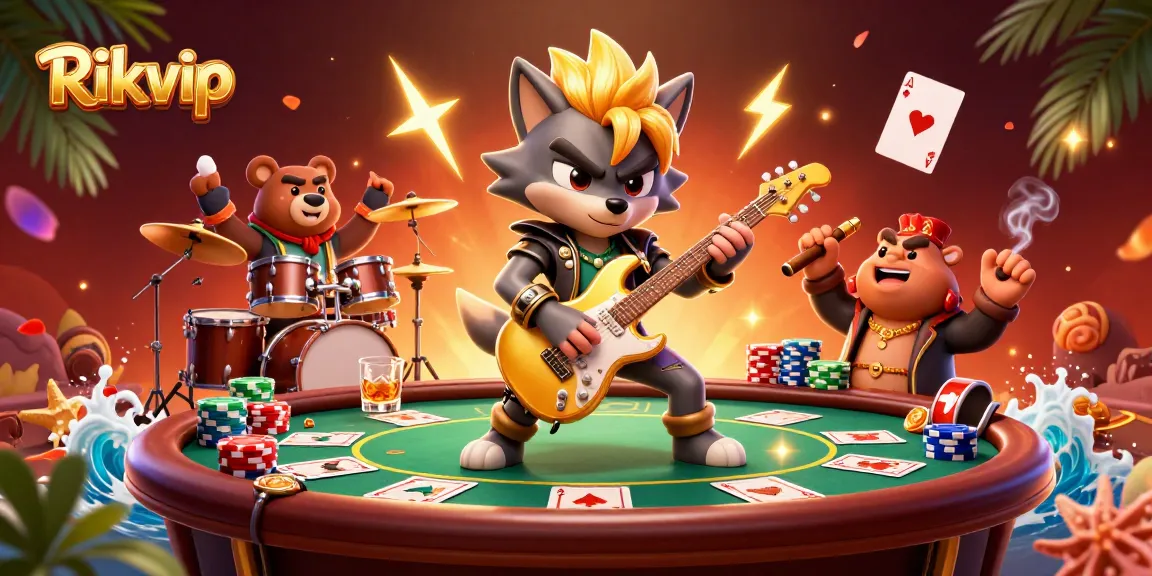 Rikvip engages players with dynamic poker action featuring a rock star wolf and playful bear on stage.