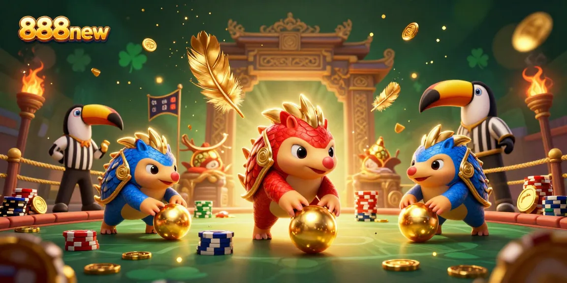 Experience the thrill of 888new as rival pangolins roll through golden poker chips in a dynamic casino scene.