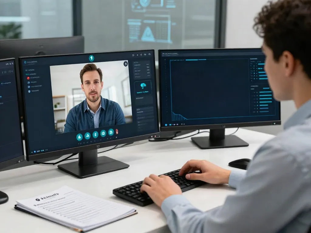 Deepfake protected Online Video Calls with a cybersecurity expert ensuring video call safety in a modern office