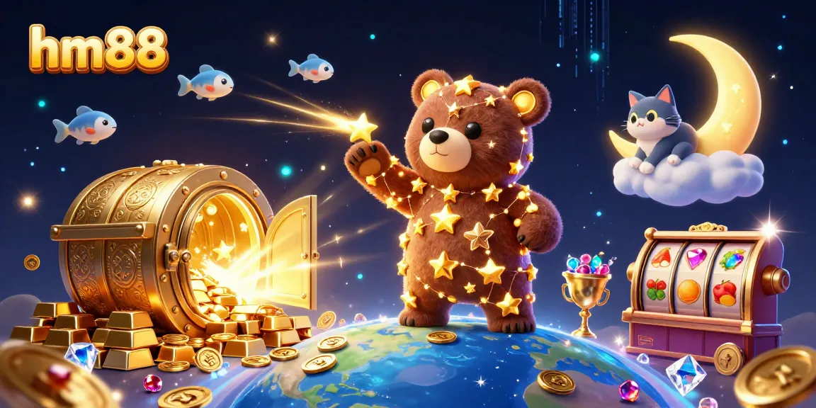 Experience thrilling entertainment with hm88, featuring a constellation bear and a slot machine-filled treasure scene.