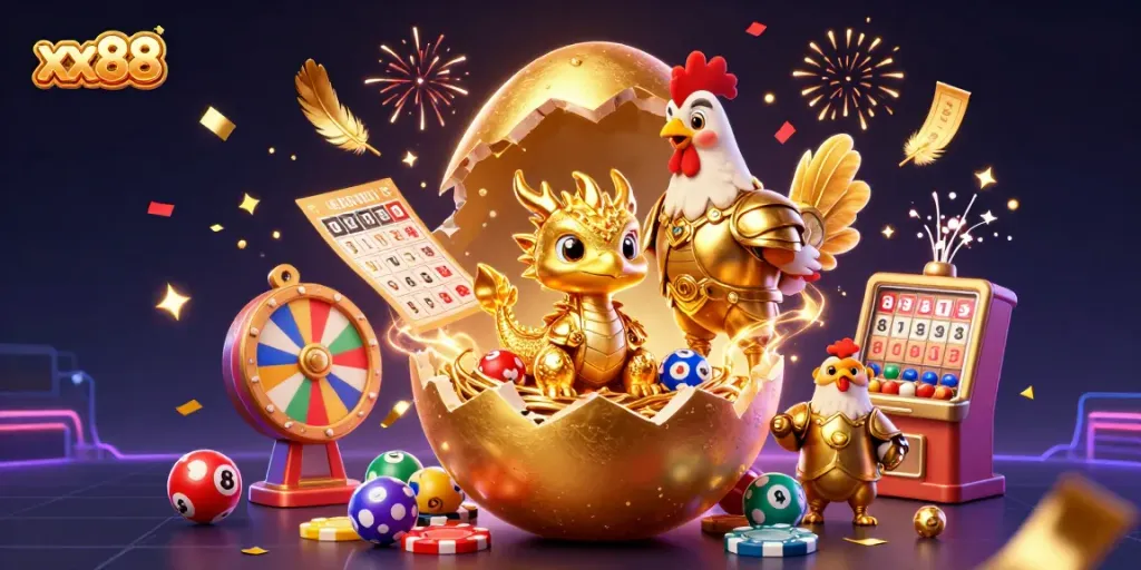Experience exhilarating gameplay at xx88 with vibrant illustrations showcasing games and unique rewards.