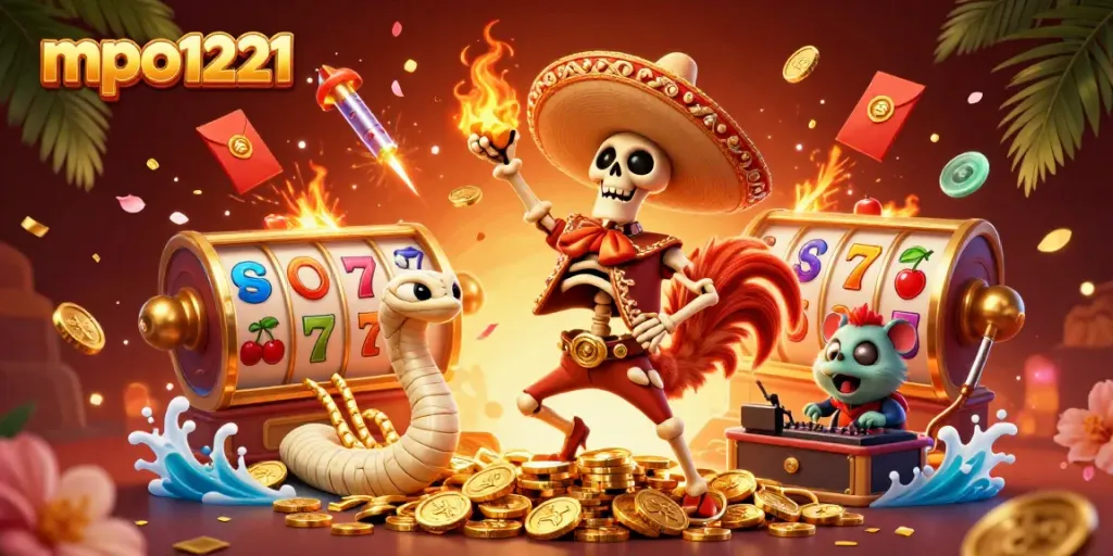 Experience the excitement of mpo1221 with a vibrant 3D casino scene featuring a dynamic skeleton mariachi and captivating game elements.