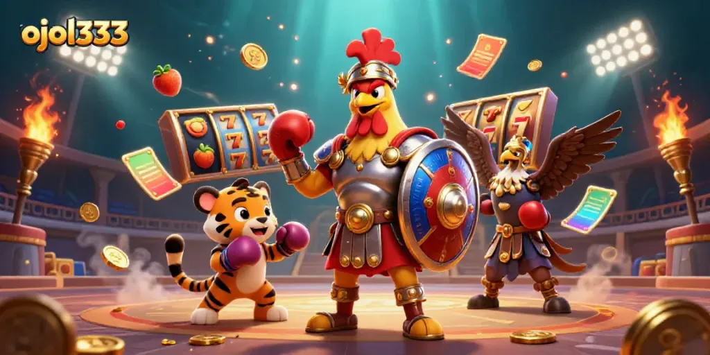 Experience the excitement of ojol333 with a dynamic casino scene featuring vibrant characters and games.