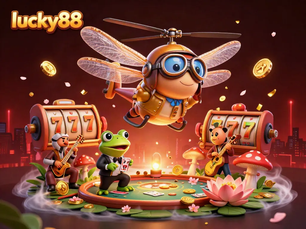 Experience lucky88 thrills with a vibrant casino scene featuring interactive characters and dynamic slot game elements.