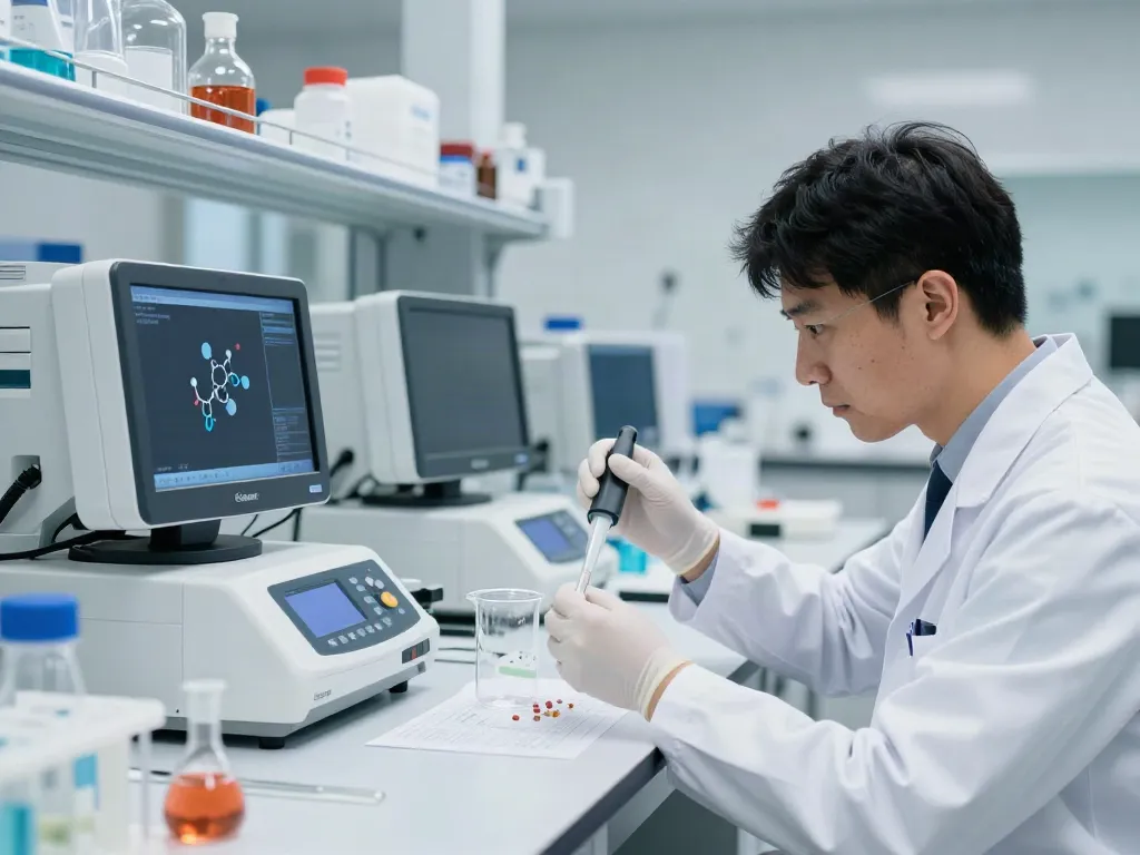 Researcher analyzing Swiss Chems peptide samples in a modern lab
