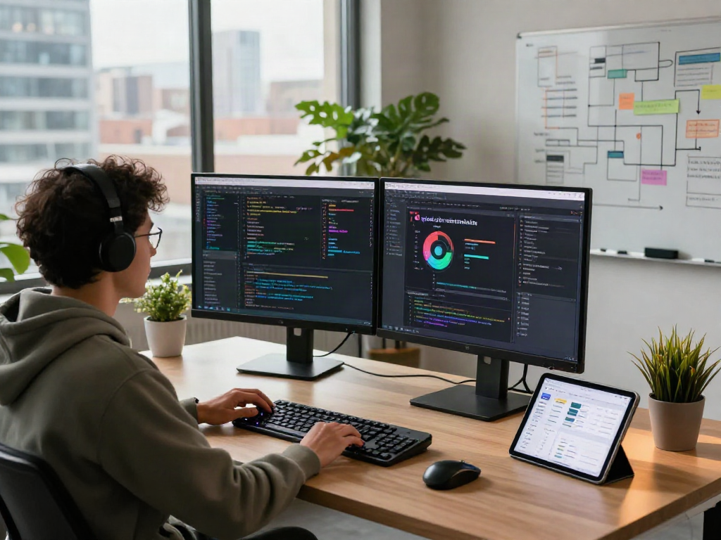 Developer coding on dual monitors in a modern tech workspace, embodying crushon innovation.