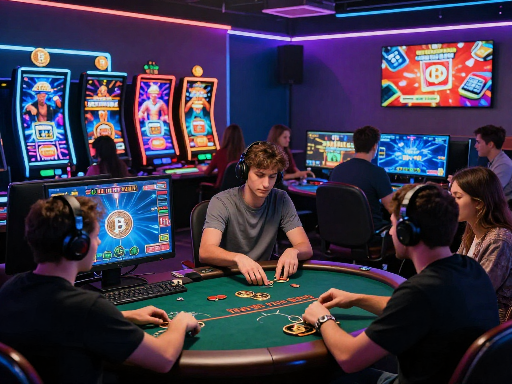 Exciting crypto casino gaming scene showcasing diverse players enjoying various online games in a vibrant atmosphere.