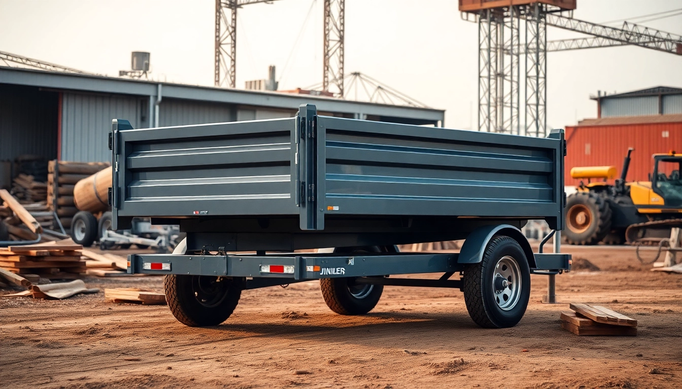 Dump trailer displayed prominently in a construction setting, highlighting durability and functionality.