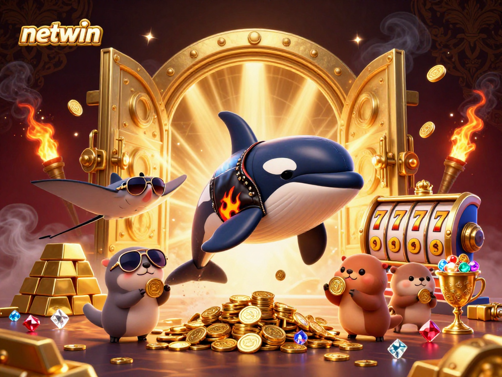 Experience thrilling slots at netwin with a dynamic 3D scene featuring colorful casino characters and elements.