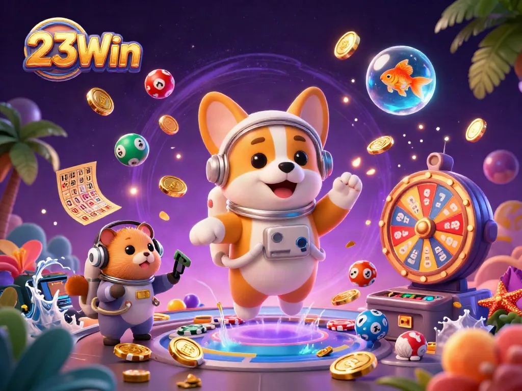 Engage in exciting gaming activities with 23Win's vibrant casino atmosphere surrounded by fun elements.