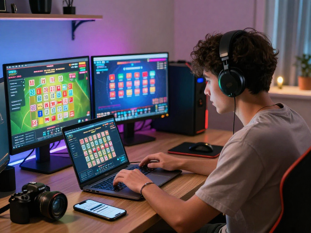 Dewatogel user engaging with online lottery results on multiple screens in a vibrant gaming setup.