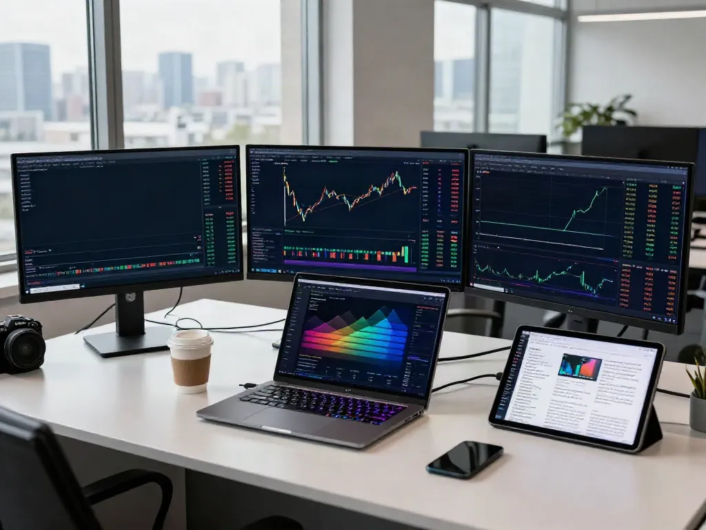 HK stock real-time API trading setup with markets, laptops, and financial screens.