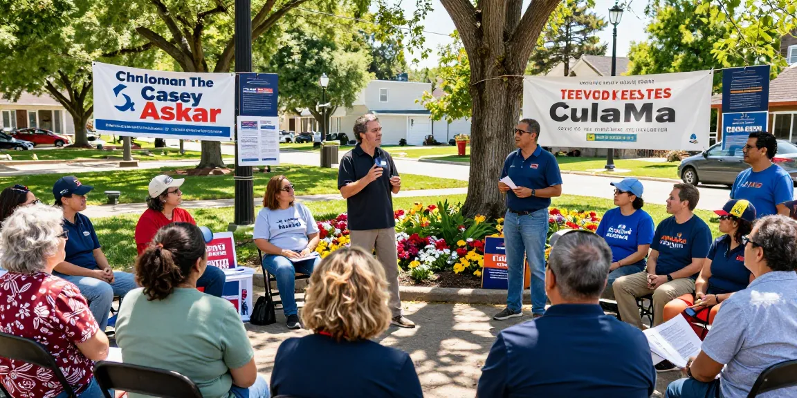 Community engagement scene featuring Casey Askar discussing local issues with voters in a park.