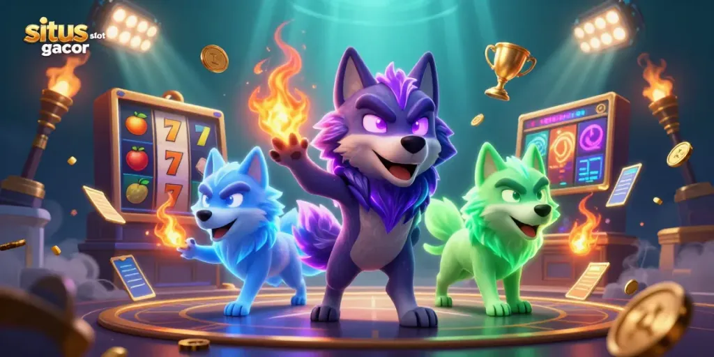 Situs slot gacor dengan pemimpin serigala kartun 3D yang memimpin dan simbol slot menarik.