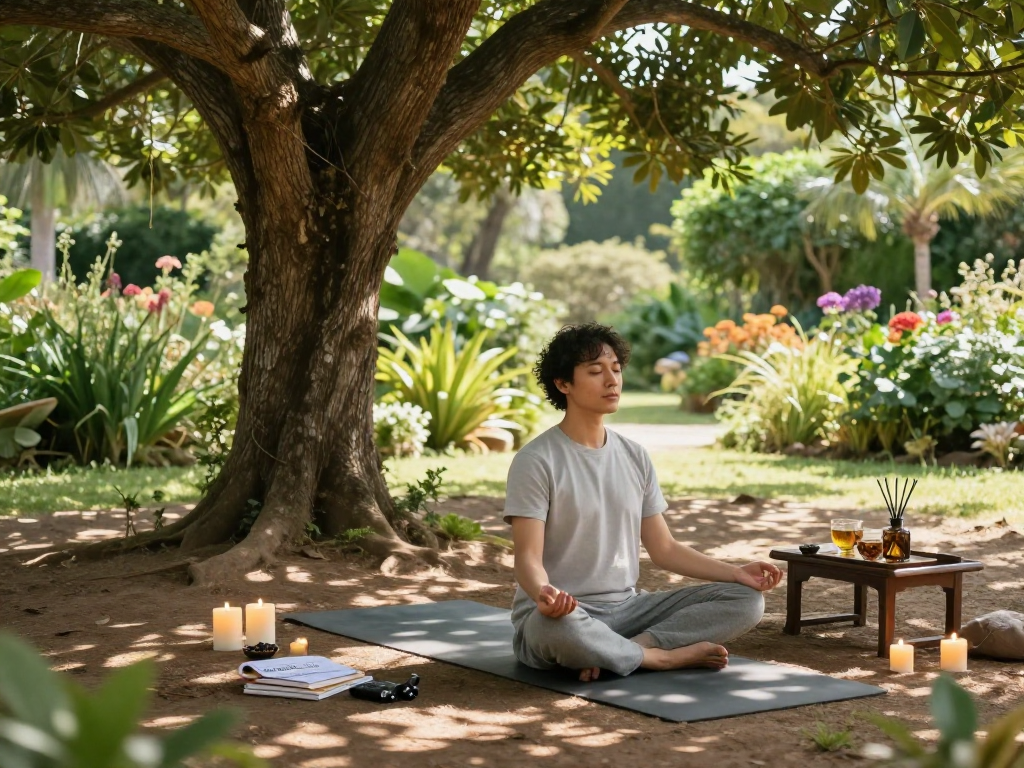 Individual meditating with mantra88 in a serene garden retreat, surrounded by candles and herbal teas
