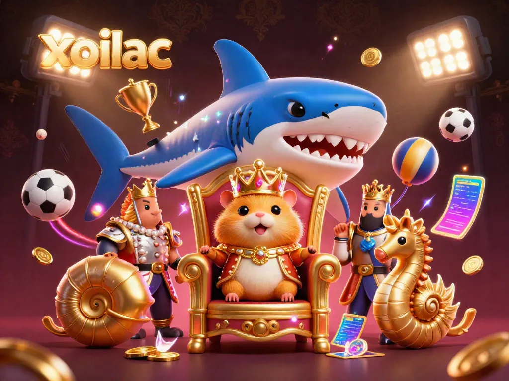 Experience the excitement of xoilac with a dynamic scene of a hamster king, sports elements, and vibrant casino artistry.
