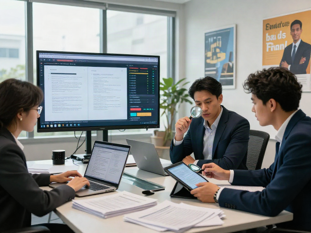 Team examining document fraud detection in a modern office setting.
