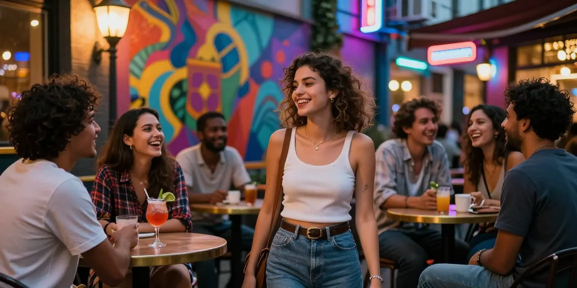 Khung cảnh sống động của gái gọi trong thành phố với ánh đèn neon và bạn bè vui vẻ.
