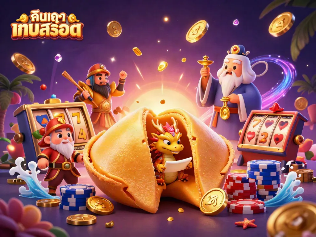Engage with breathtaking scenes featuring ค้นหาเกมสล็อต, a golden fortune cookie and wise dragon along with vibrant gaming elements.