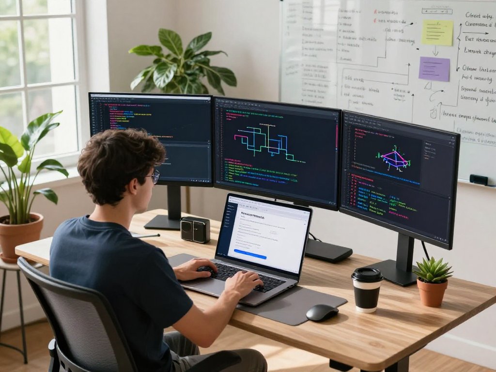 Developer integrating acrossprotocol in a modern workspace with screens showing code and design elements.