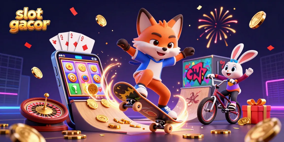 Engage with slot gacor excitement as a fox skater flips over poker chips with vibrant casino elements.