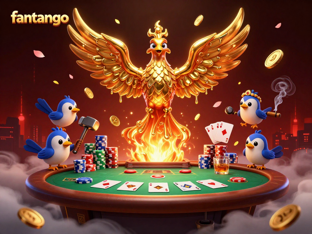 Experience the grandeur of fantango as molten gold phoenix coins rain down amidst a thrilling poker scene.