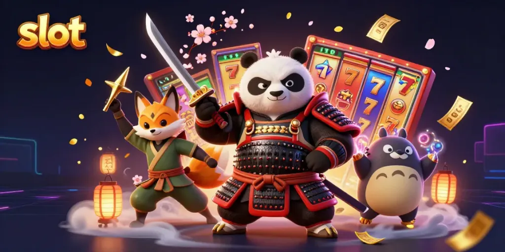 Experience thrilling slot adventures with samurai panda, ninja fox, and tanuki in dynamic casino action.