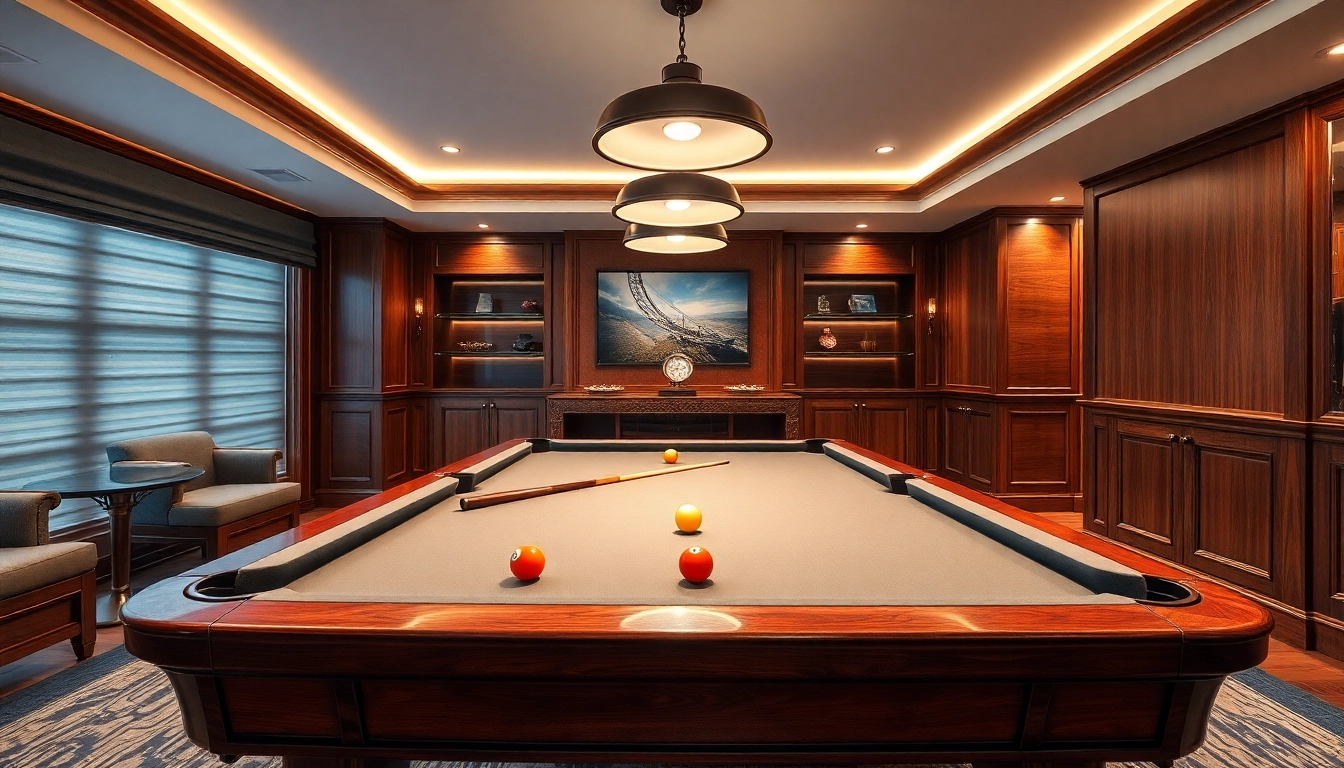 Buy Pool Tables arranged stylishly in a game room with warm lighting and rich finishes.