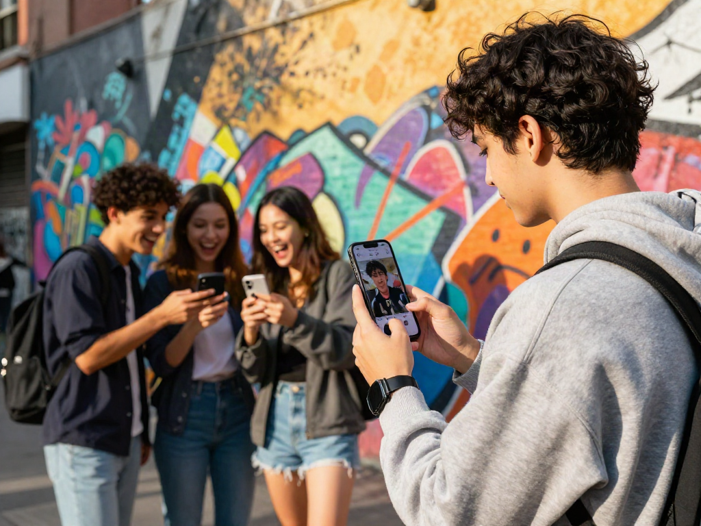 Engaging young adults discovering their celebrity look alike with a smartphone in a colorful urban setting.