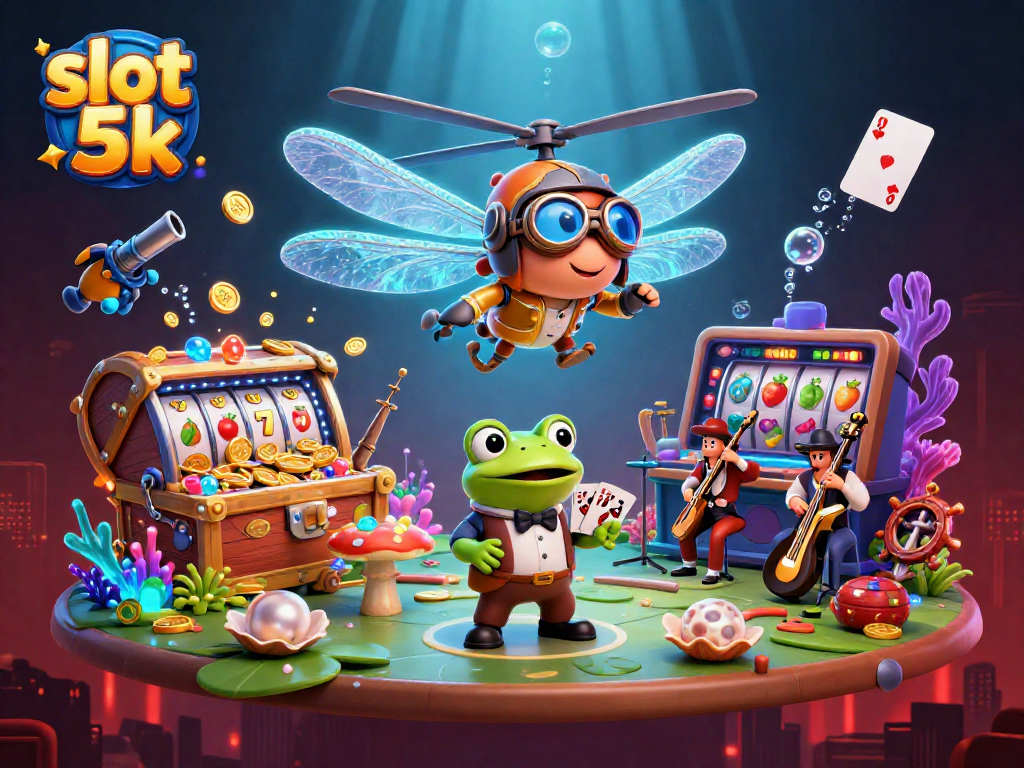 Engage with slot 5k action showcasing vibrant slots, croupiers, and lively musicians.