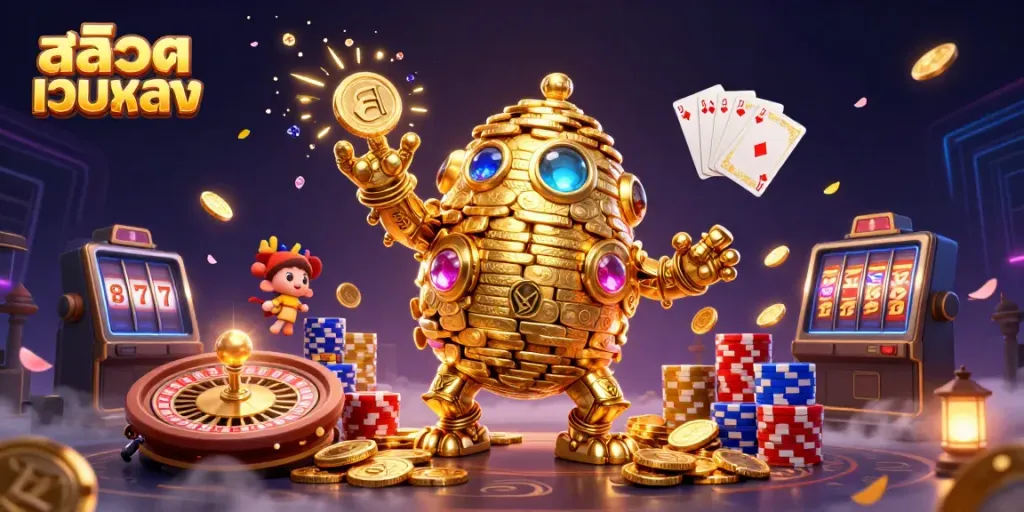 Engage with สล็อตเว็บตรง featuring a dynamic scene of a golden golem made of coins amidst cascading golden coins and vibrant casino elements.