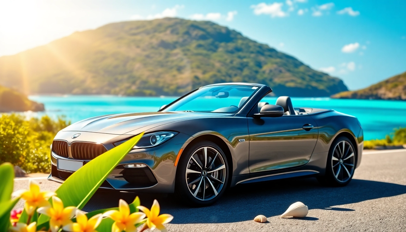 Experience the best car rental saint barth from a stunning convertible along a coastal road.