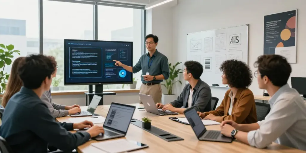 Collaborative workspace with diverse professionals discussing AI text generator online concepts in a modern office setting.