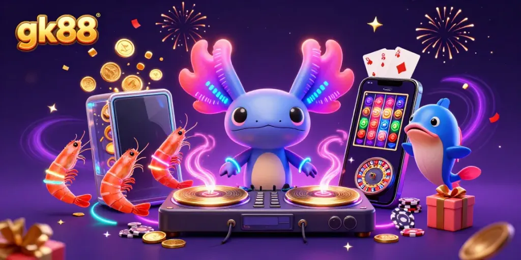 Engage in thrilling gaming adventures with gk88's vibrant casino scene featuring an axolotl DJ and friends.