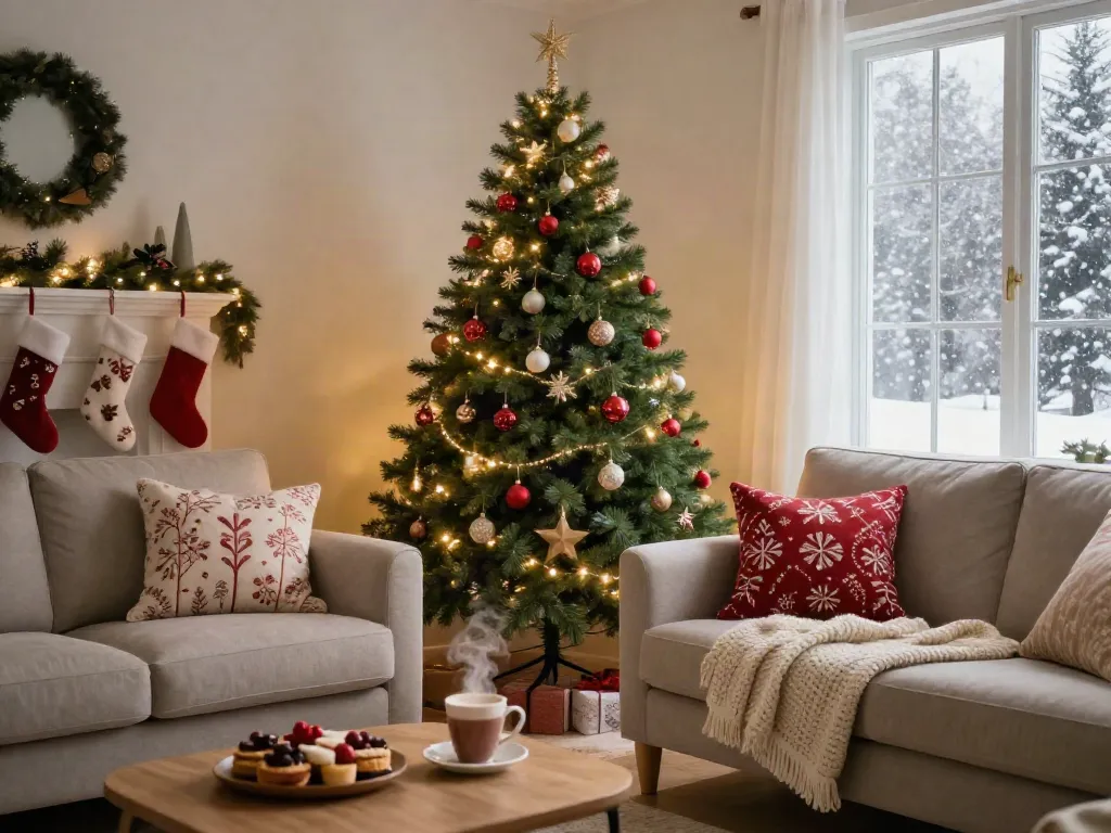 Cozy living room with a decorated pencil Christmas tree and festive decor.