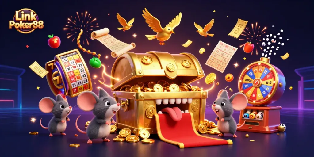 Link Poker88 showcases a vibrant treasure chest scene filled with slots, confetti, and celebration effects.