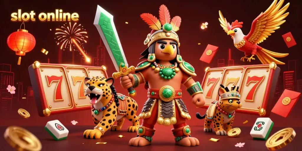 Engage with slot online adventures as an Aztec warrior and jaguar champion amid vibrant casino elements.