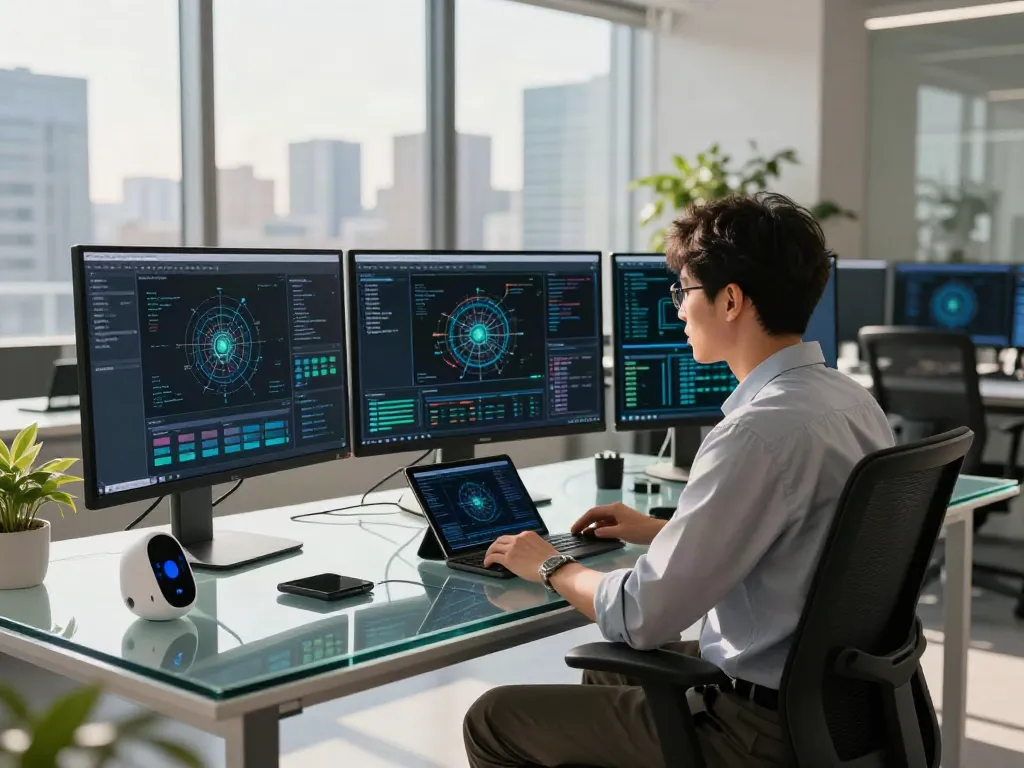 Data scientist analyzing AI inference processes in a modern workspace