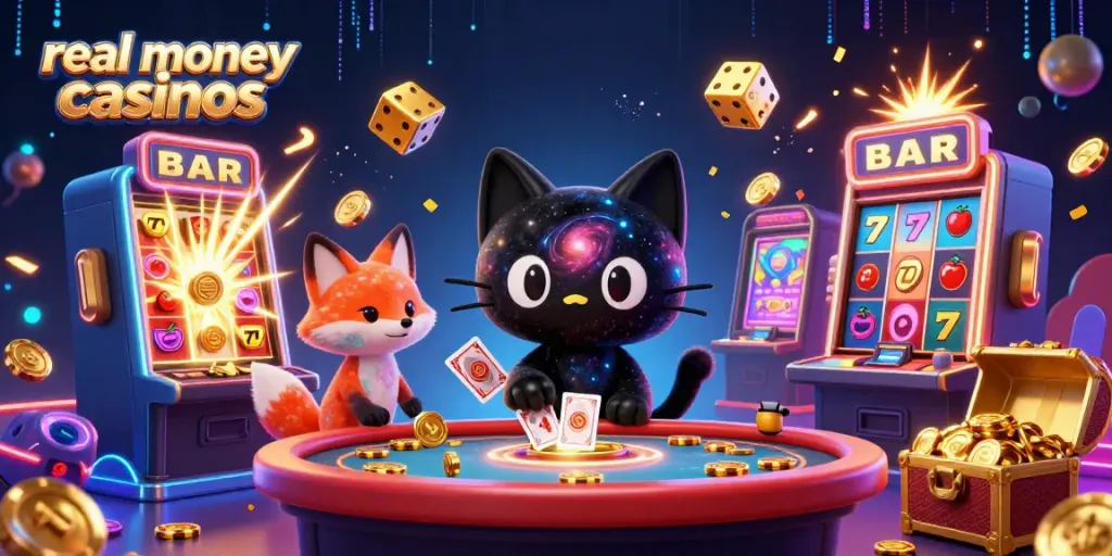 Engaging cosmic casino scene showcasing real money casinos with a black hole cat and colorful fox.