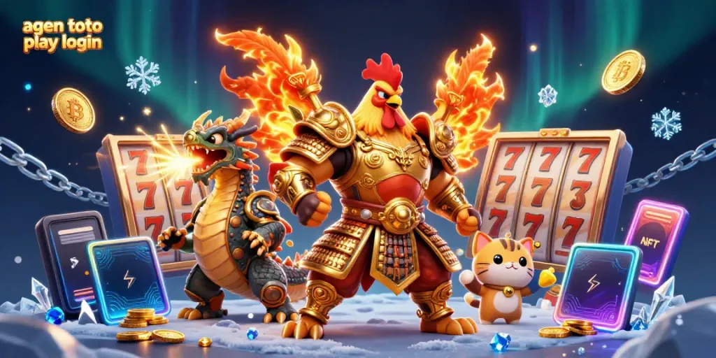 Play thrilling slot games with agen toto play login showcased by vibrant characters surrounded by crypto coins.