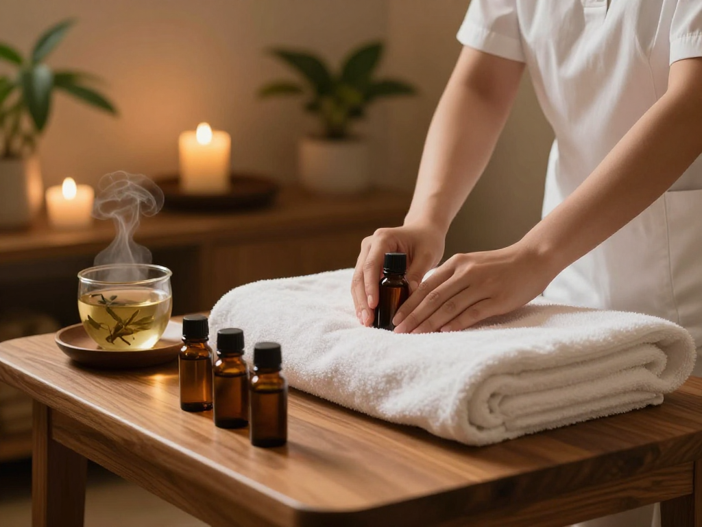 Relaxing spa treatment room showcasing mantra88 essential oils and a calming atmosphere.