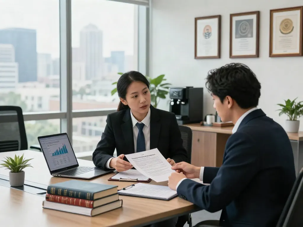 Lead Roedl legal consultation scene with attorney and client discussing international business contracts in a modern office.